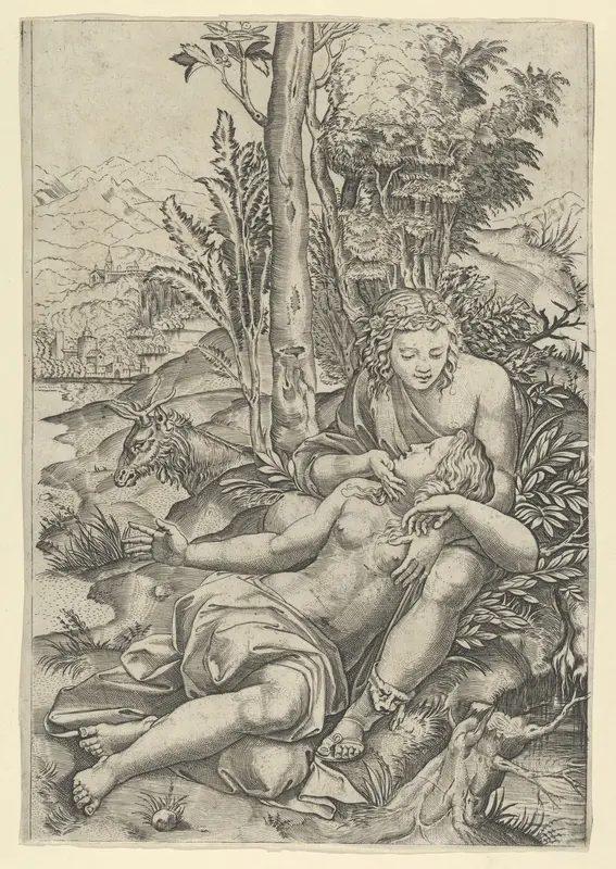 Medor and  Angelica from Lodovico Ariosto's "Orlando Furioso", or Venus and Adonis embracing, set within a landscape