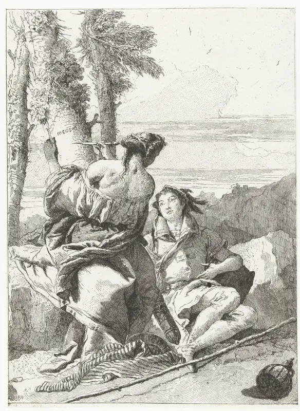 Medoro en Angelica kerven hun naam in boomstam Wall Art by Giovanni Domenico Tiepolo - High-Resolution Digital Print