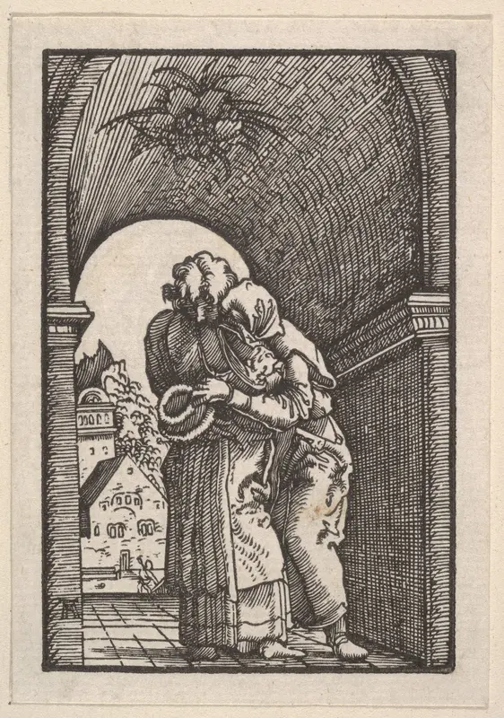 Meeting of Joachim and Anna at the Golden Gate, from "The Fall and Salvation of Mankind Through the Life and Passion of Christ" Wall Art by Albrecht Altdorfer - High-Resolution Digital Print