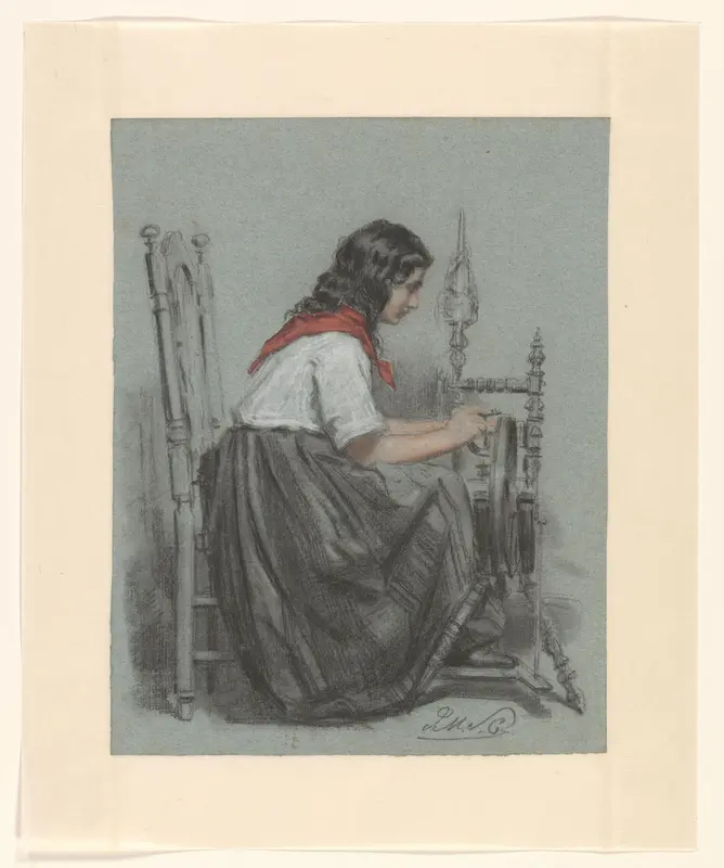 Meisje aan een spinnewiel Wall Art by Unknown - High-Resolution Digital Print