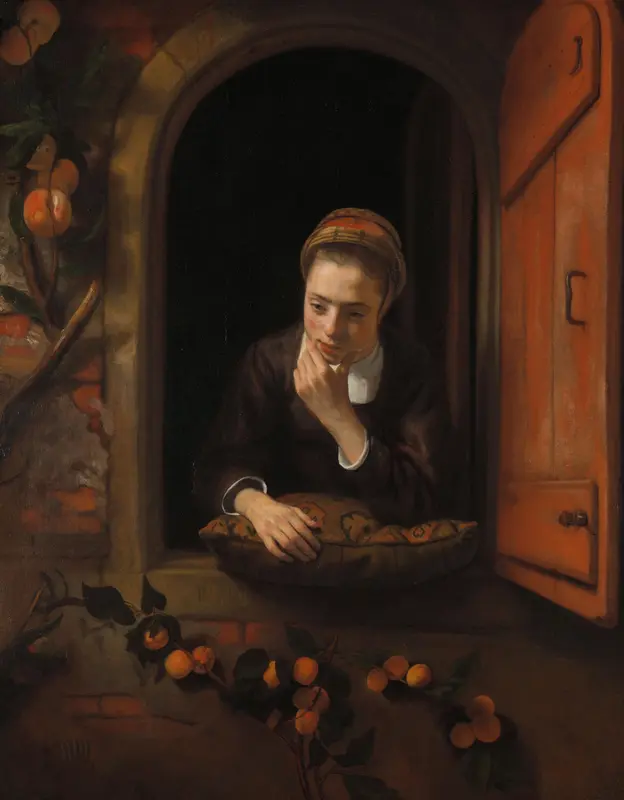 Meisje aan het venster, bekend als 'De peinzende' Wall Art by Nicolaes Maes - High-Resolution Digital Print