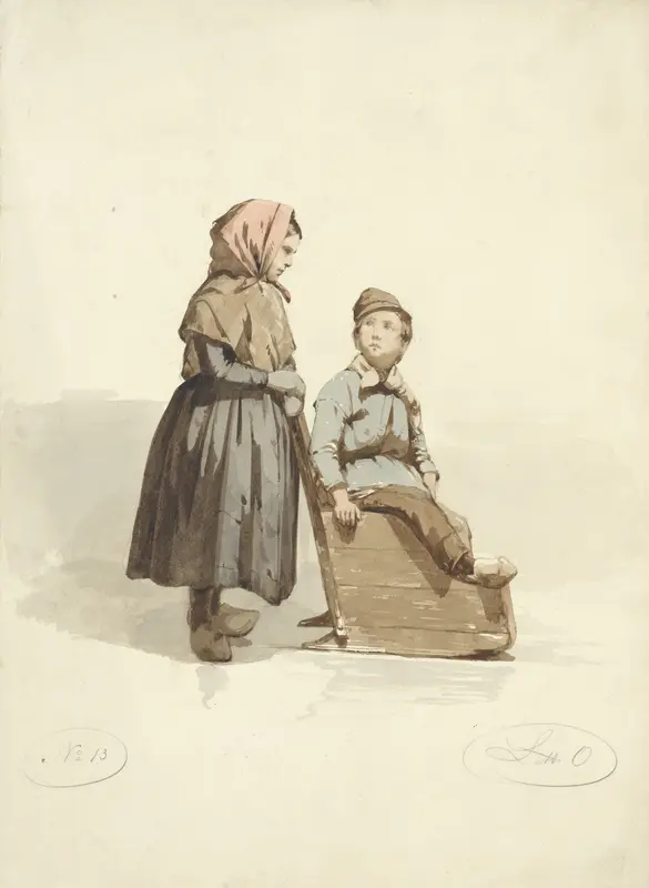 Meisje duwt een jongen in een slee Wall Art by Unknown - High-Resolution Digital Print