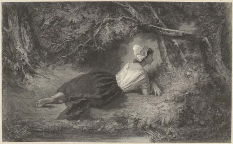 Meisje, liggend onder bomen bij een water Wall Art by Hendrik Adriaan Christiaan Dekker - High-Resolution Digital Print