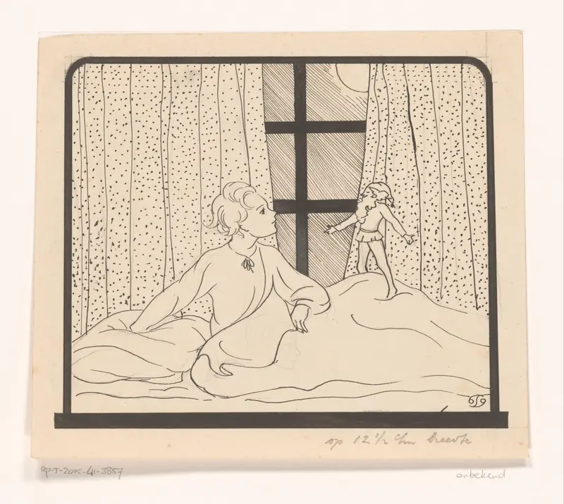 Meisje luistert naar een kabouter die op haar bed staat Wall Art by Unknown - High-Resolution Digital Print