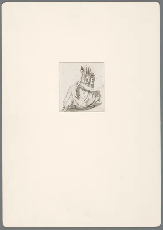 Meisje met een doek over het hoofd zit te handwerken in een landschap Wall Art by David Alphonse de Sandoz-Rollin - High-Resolution Digital Print