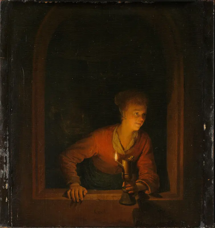 Meisje met olielamp voor een venster Wall Art by Unknown - High-Resolution Digital Print
