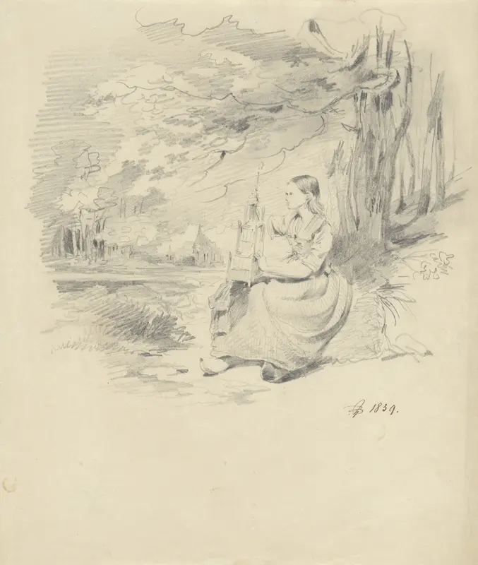 Meisje met vogelkooi, zittend in een landschap Wall Art by Pieter van Loon - High-Resolution Digital Print