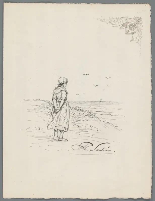 Meisje of jonge vrouw in de duinen, uitkijkend over zee Wall Art by Unknown - High-Resolution Digital Print