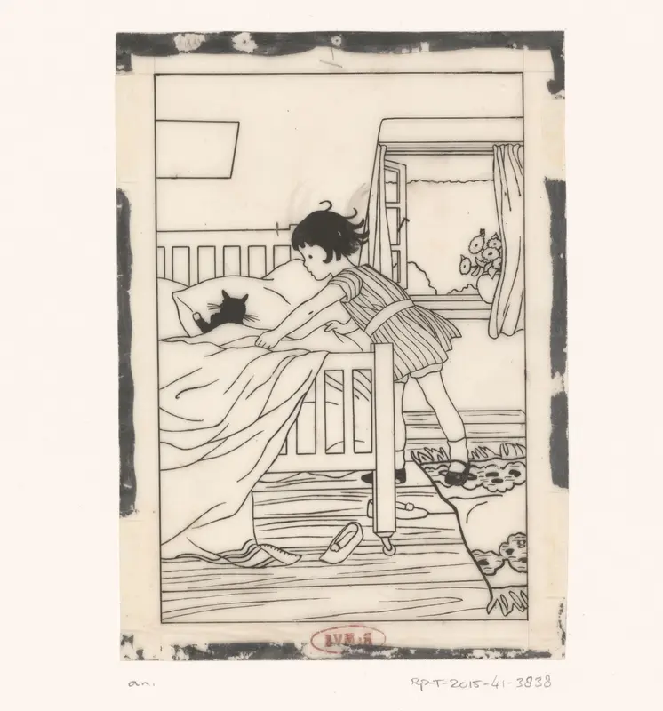 Meisje vindt een kat in bed Wall Art by anonymous - High-Resolution Digital Print
