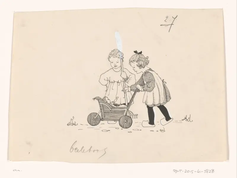 Meisjes bij een poppenwagen Wall Art by anonymous - High-Resolution Digital Print