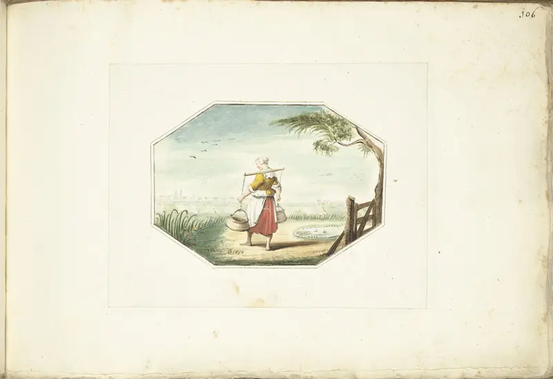 Melkmeid met emmers in een landschap Wall Art by Unknown - High-Resolution Digital Print