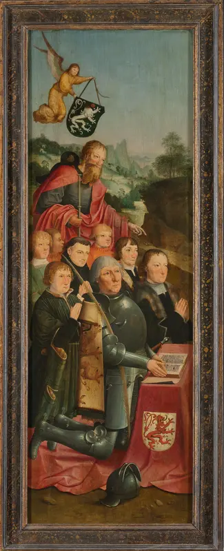 Memorial Panel with Eight Male Portraits, probably Willem Jelysz van Soutelande and Family, with Saint James the Greater and the Van Soutelande Family Crest, inner left wing of an altarpiece Wall Art by Master of Alkmaar - High-Resolution Digital Print