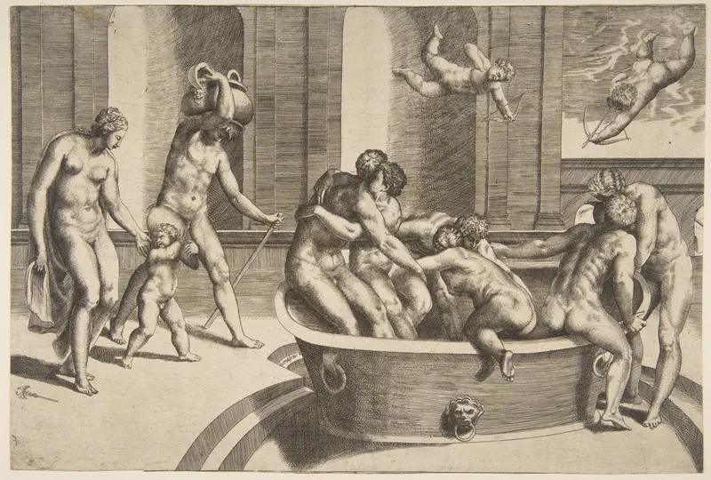 Men and women bathing, some embracing Wall Art by Giulio Bonasone - High-Resolution Digital Print
