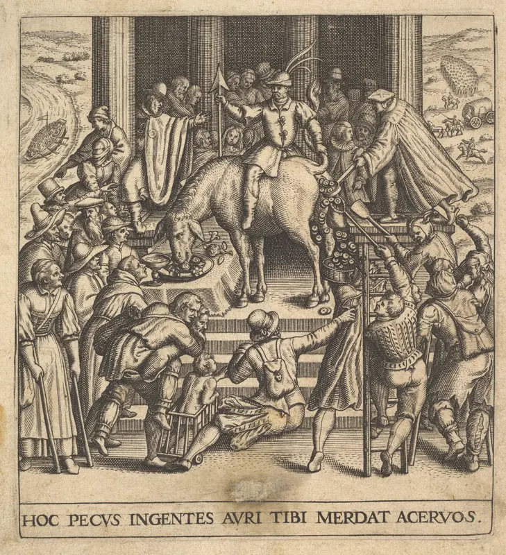 Men collecting dung dropping from the hindquarters of a mule, with a rider sitting backward on the mule and holding its tail aside, surrounded by onlookers spread around a stepped platform, from "Secular Emblems" (Emblemata Saecularia) Wall Art by Johann Theodor de Bry - High-Resolution Digital Print