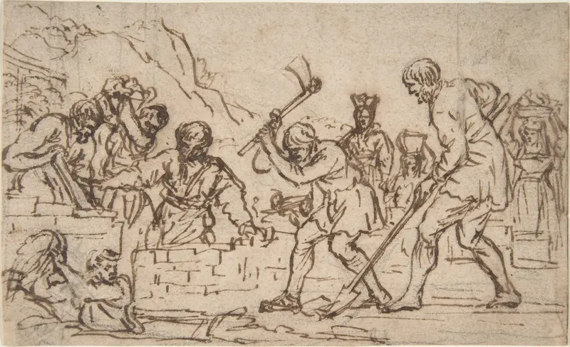 Men Digging and Constructing a Wall Wall Art by Pietro da Cortona (Pietro Berrettini) - High-Resolution Digital Print
