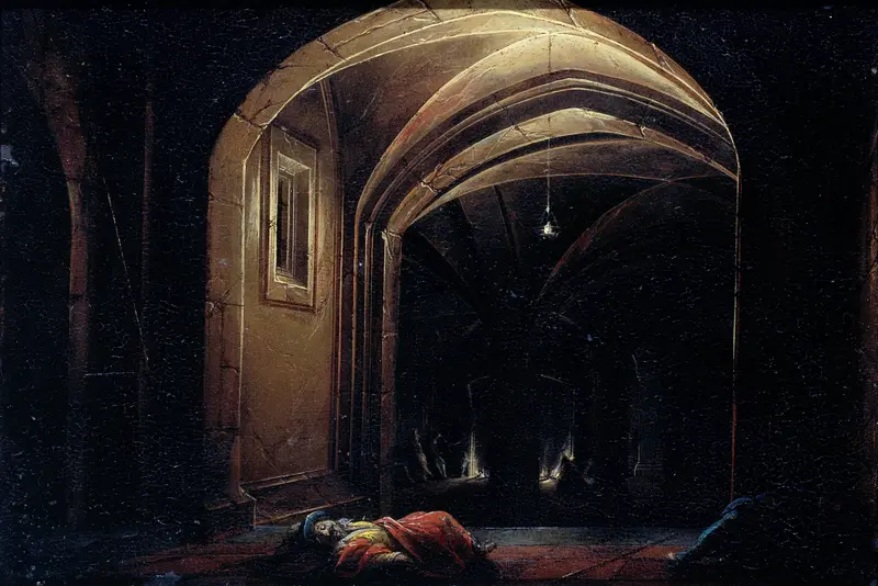 Men Sleeping in a Room with lighted Arches Wall Art by Unknown - High-Resolution Digital Print