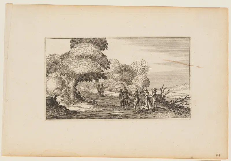 Men with Muskets on a Path leading through Woods, from Twelve landscapes with Figures Wall Art by Gillis van Scheyndel - High-Resolution Digital Print