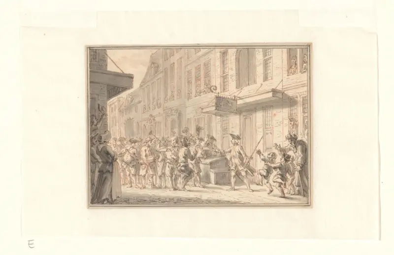 Menigte komt samen voor het huis van de overleden koopman Daniël Raap aan de Vijgendam Wall Art by Simon Fokke - High-Resolution Digital Print