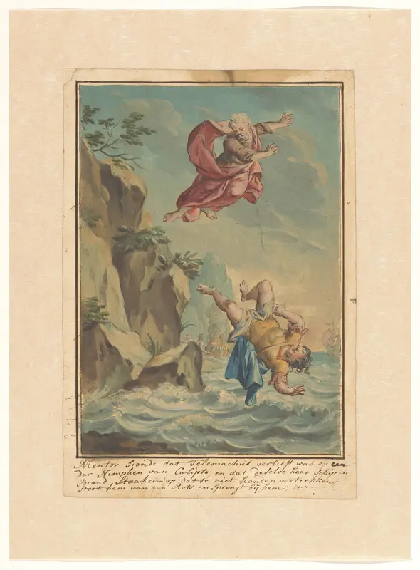 Mentor gooit Telemachus van een rots en springt hem achterna Wall Art by Rienk Keyert - High-Resolution Digital Print
