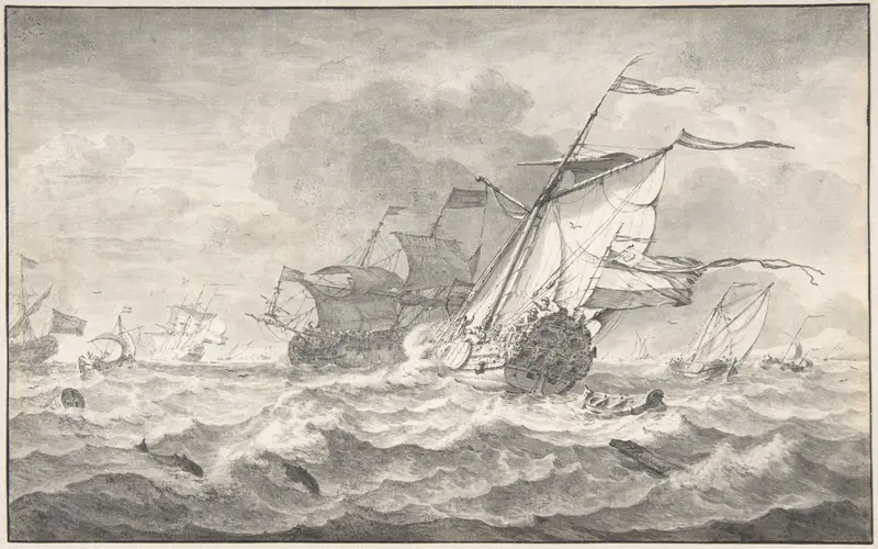 Merchant Ships and Smaller Sailing Boats in a Strong Breeze, Dolphins in the Waves Wall Art by Hendrick Rietschoof - High-Resolution Digital Print