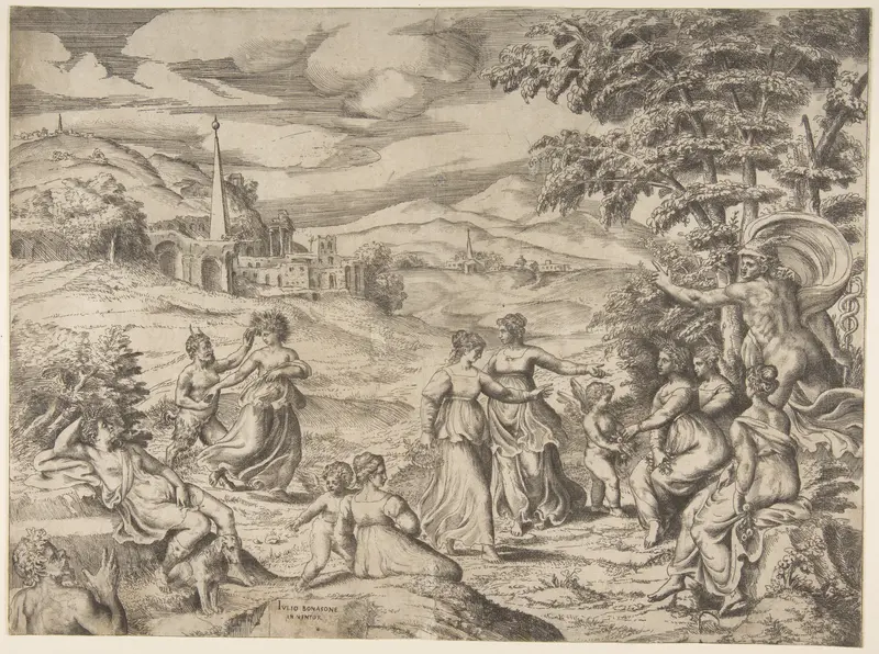 Mercury at the right telling the story of Pan and Syrinx Wall Art by Giulio Bonasone - High-Resolution Digital Print