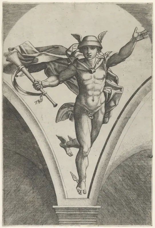 Mercury descending from the sky a trumpet in his right hand, after Raphael's fresco in the Chigi Gallery of the Villa Farnesina in Rome