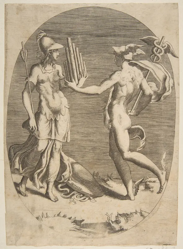 Mercury presenting a panpipe to Minerva who stands at left, an oval composition Wall Art by Giulio Bonasone - High-Resolution Digital Print