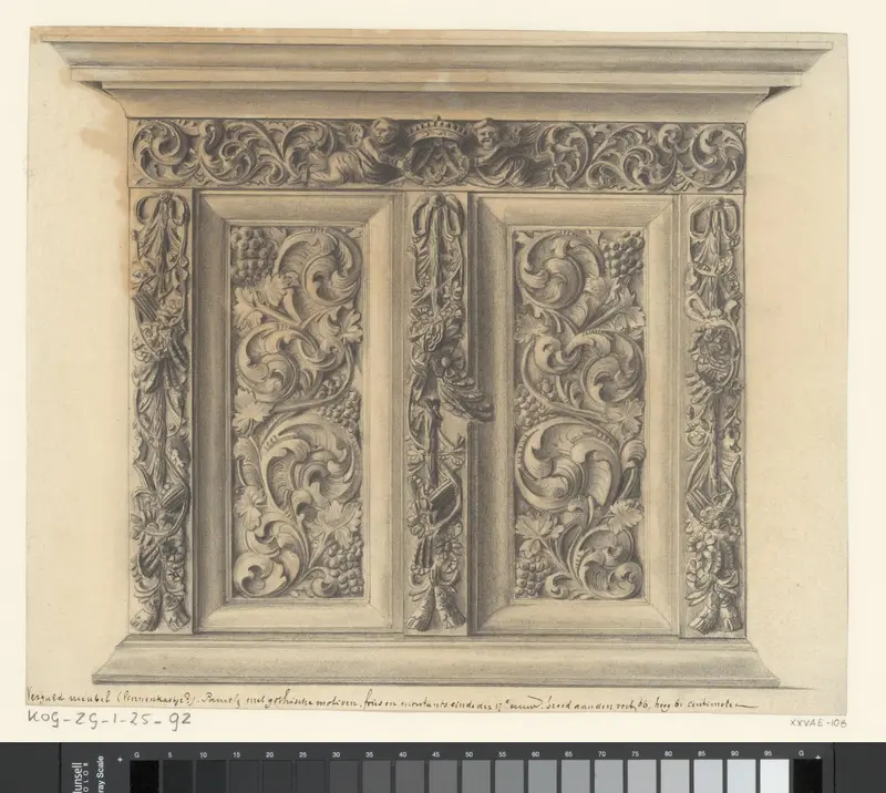 Meubel, mogelijk een pennekast met organische motiven Wall Art by anonymous - High-Resolution Digital Print