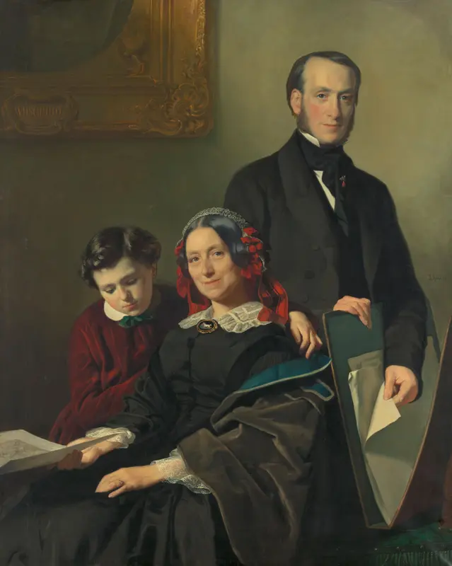 Mevrouw A.J. Schmidt-Keiser, weduwe van de schilder Willem Hendrik Schmidt (1809-49), de leermeester van Jacob Spoel, met haar broer J.N. Keiser en haar tienjarig zoontje Wall Art by Jacob Spoel - High-Resolution Digital Print