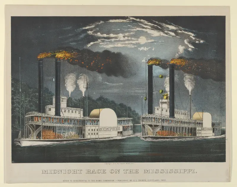 Midnight Race on the Mississippi Wall Art by Currier & Ives - High-Resolution Digital Print