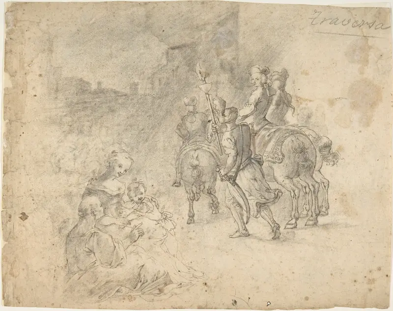 Military Cavaliers Entering Town Accompanied by a Turbaned Torch-bearer. In the foreground: Two Seated Women and a Child (recto); Several Cooks, and Two Pages with a Platter in a Kitchen Yard (verso) Wall Art by Corrado Giaquinto - High-Resolution Digital Print