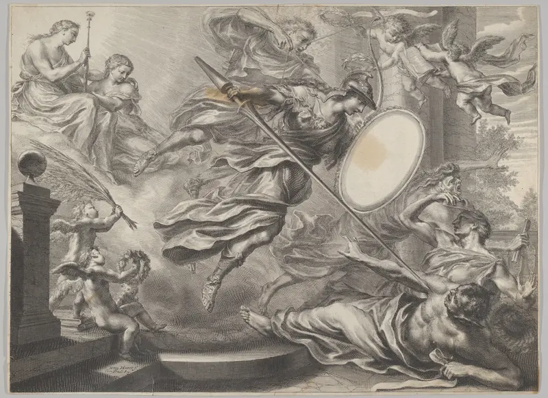 Minerva armed with a shield and lance attacking three nearly prone figures Wall Art by Grégoire Huret - High-Resolution Digital Print