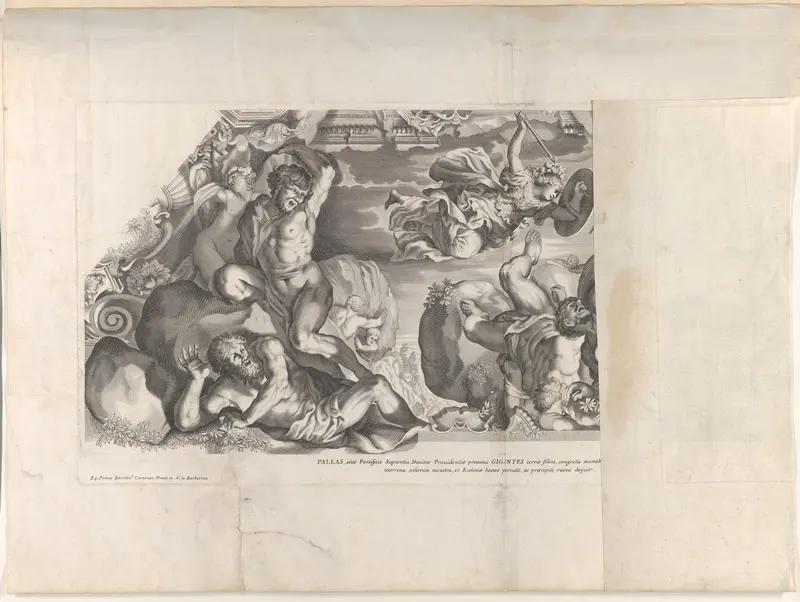 Minerva depicted at top with a shield and arrow vanquishing the Giants below, from "Barberinae aulae fornix" Wall Art by Anonymous, Italian, 17th century - High-Resolution Digital Print