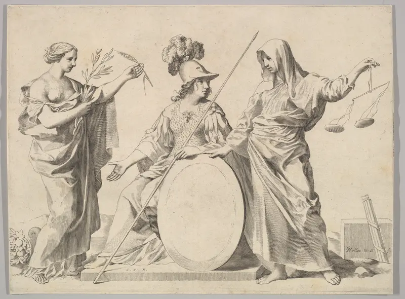 Minerva Flanked by Peace and Justice (Armoiries de Gallard et de Mesmes) Wall Art by Claude Mellan - High-Resolution Digital Print