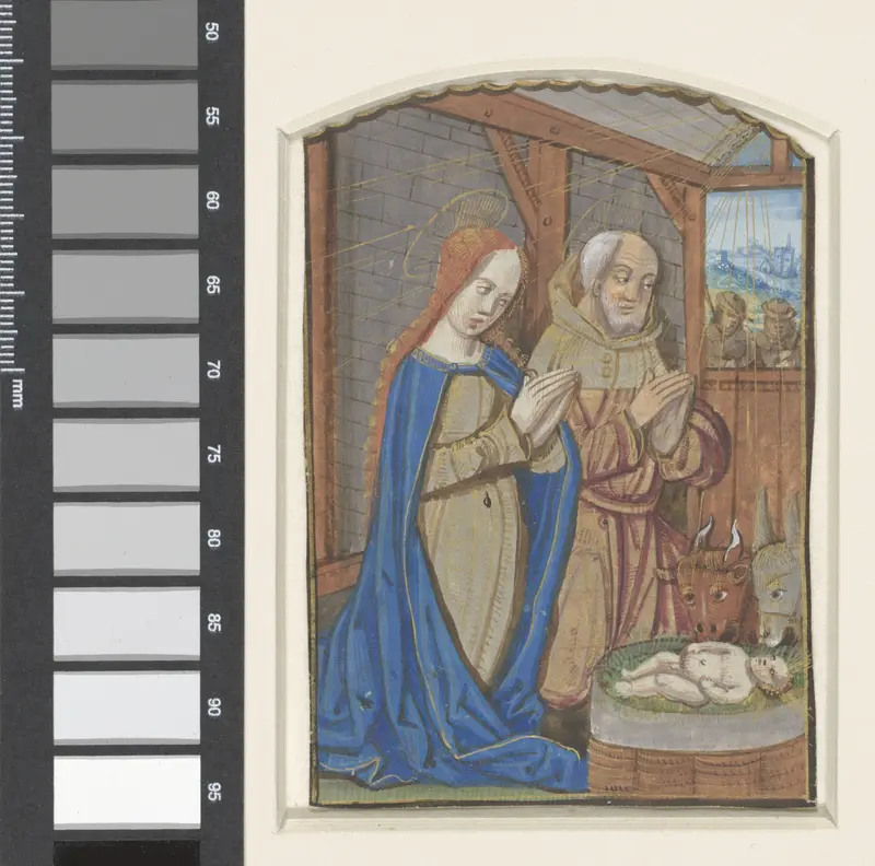 Miniatuur uit een getijdenboek: aanbidding door Maria en Jozef Wall Art by anonymous - High-Resolution Digital Print
