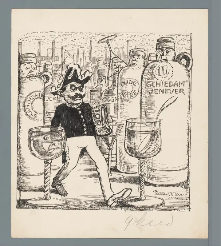 Minister S. de Vries tussen flessen drank Wall Art by Unknown - High-Resolution Digital Print