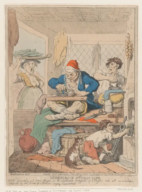 Miseries of Human Life: While Deep in Study and Lost in Thought in the Complicated Profession of a Taylor and All on a Sudden Disturbed by the Shrieks of a Woman Crying Cucumbers Wall Art by Nicolaus Heideloff - High-Resolution Digital Print