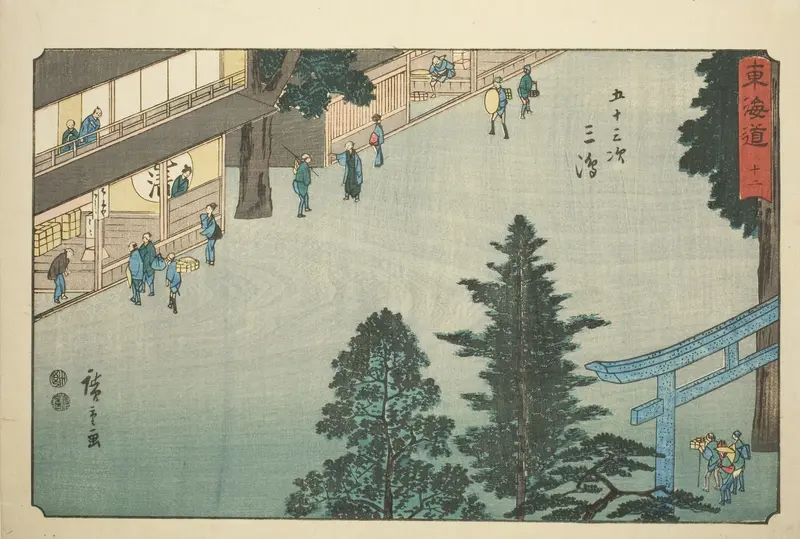 Mishima—No. 12, from the series "Fifty-three Stations of the Tokaido (Tokaido gojusan tsugi)," also known as the Reisho Tokaido Wall Art by Utagawa Hiroshige - High-Resolution Digital Print