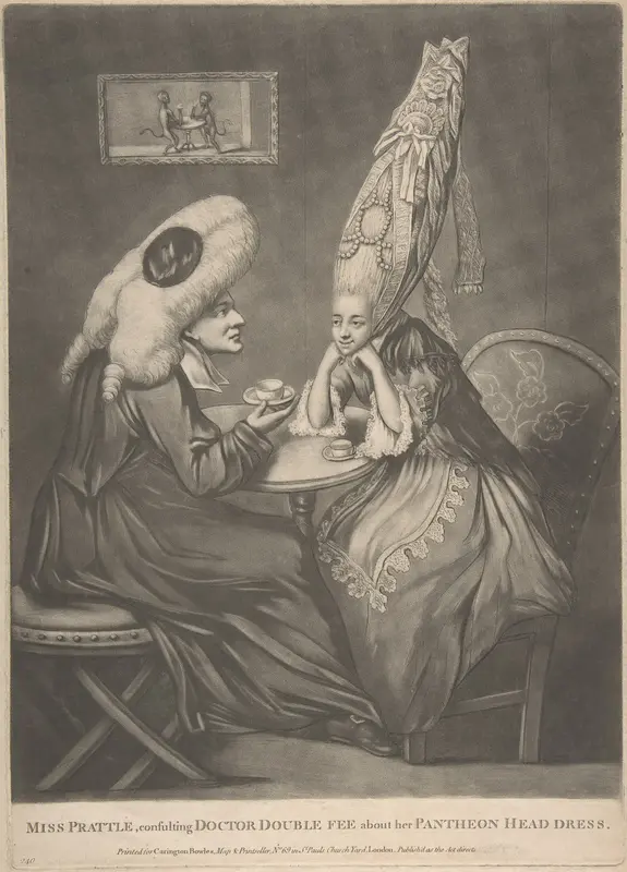 Miss Prattle Consulting Doctor Double Fee about her Pantheon Head Dress Wall Art by Anonymous, British, 18th century - High-Resolution Digital Print