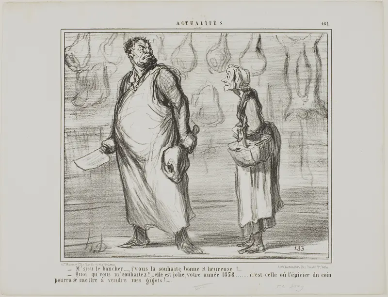 “- Mister butcher, I wish you a happy and healthy New Year… - What? This is going to be a nice one, this 1858… every grocer around the corner will be able to sell my mutton!…,” plate 481 from Actualités