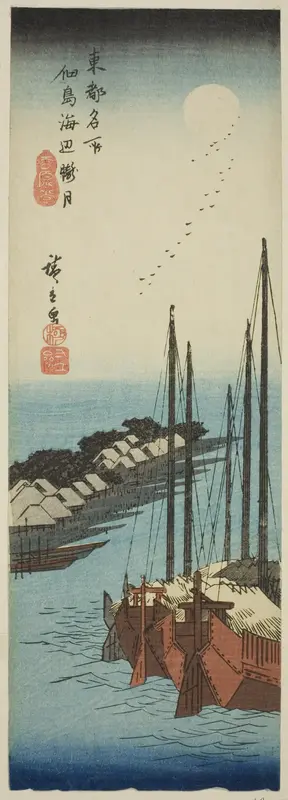 Misty Moonlight on the Shore at Tsukuda Island (Tsukudajima kaihen oborozuki), from the series "Famous Places in the Eastern Capital (Toto meisho)"