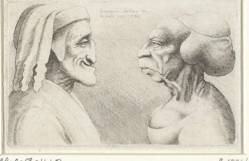 Misvormde karikatuurkoppen van een man met muts(Dante?) en vrouw Wall Art by Unknown - High-Resolution Digital Print