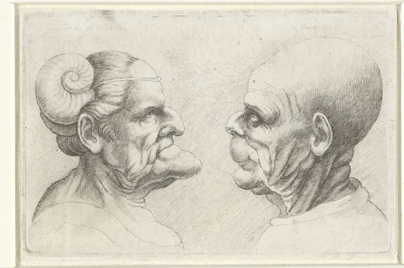Misvormde koppen van een kale man en vrouw met hoornen op het hoofd Wall Art by Wenceslaus Hollar - High-Resolution Digital Print