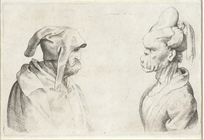 Misvormde koppen van een man met slappe muts en vrouw met opgebonden haar Wall Art by Unknown - High-Resolution Digital Print