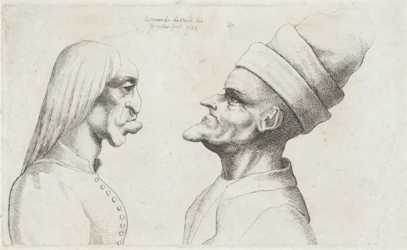Misvormde koppen van een vrouw met stijl haar en man met dubbel gerande muts Wall Art by Unknown - High-Resolution Digital Print