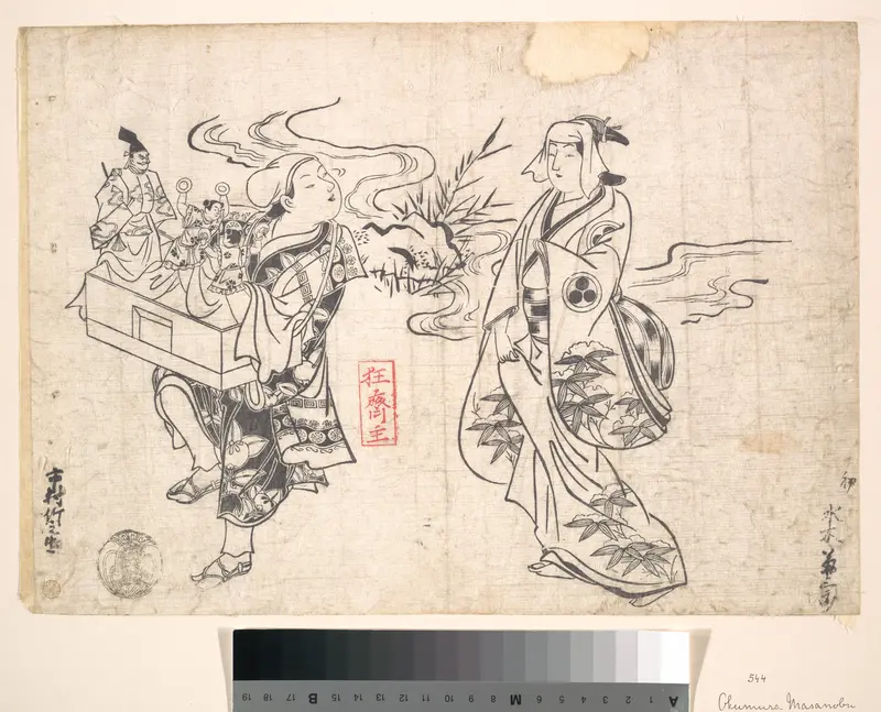 Mizuki Kikusaburo as a Woman Standing near a Small Stream and Looking at a Wandering Puppet-showman Impersonated by Ichimura Takenojo (Later Known as the 8th Ichimura Uzaemon)