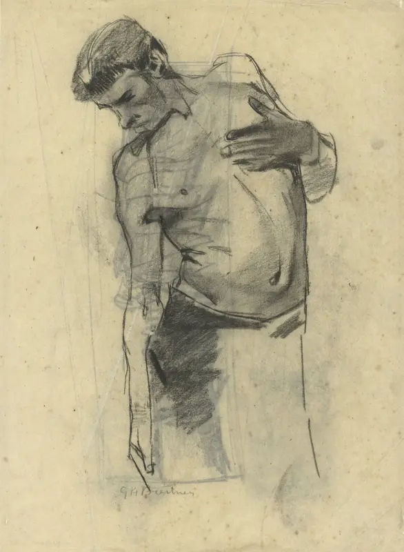 Modelstudie van staande halfnaakte man, naar omlaag ziende Wall Art by George Hendrik Breitner - High-Resolution Digital Print