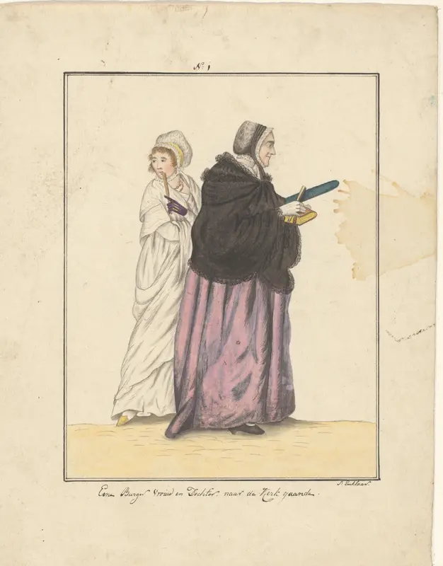 Moeder en dochter op weg naar de kerk Wall Art by Unknown - High-Resolution Digital Print