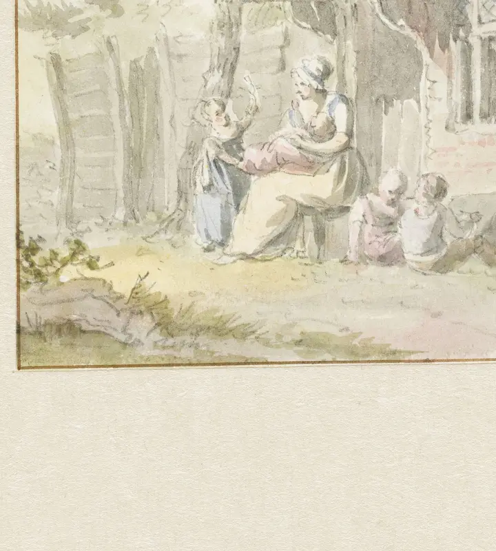 Moeder met kinderen zittend voor huis Wall Art by Pieter Bartholomeusz. Barbiers - High-Resolution Digital Print