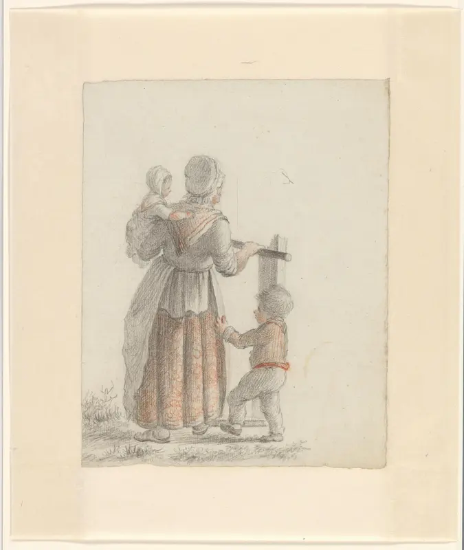 Moeder met twee kinderen bij een hek Wall Art by Johannes van Reijn - High-Resolution Digital Print